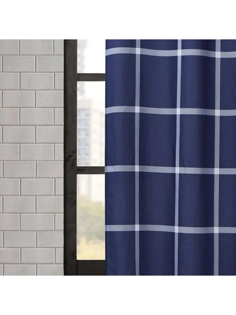 Geometric Printed White & Navy Shower Curtain - Soft Polyester, Oeko-TEX